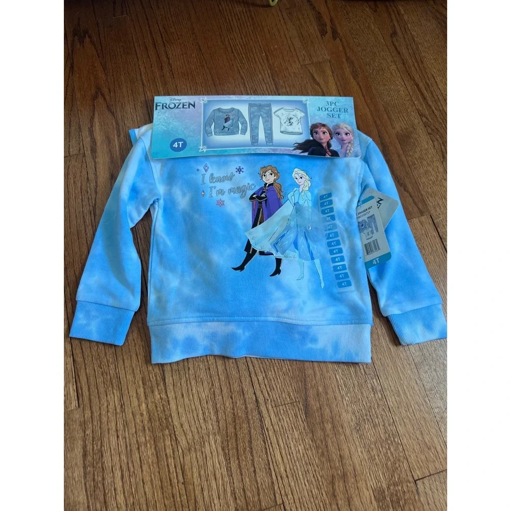 NEW Disney Frozen 3PC Jogger Set Toddler Girls 4T Blue Anna Elsa Olaf Sweatshirt
